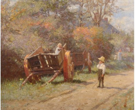 Margaret Hickson (19th - 20th Century) British. Two Children Playing on Farm Carts, Oil on Canvas, Signed, 20" x 24".