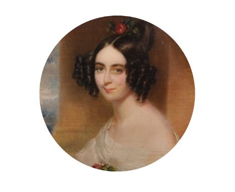 19th Century English School. Portrait of a Lady, Dressed in White with a Red Rose in her Hair, Oil on Canvas laid down, Circu