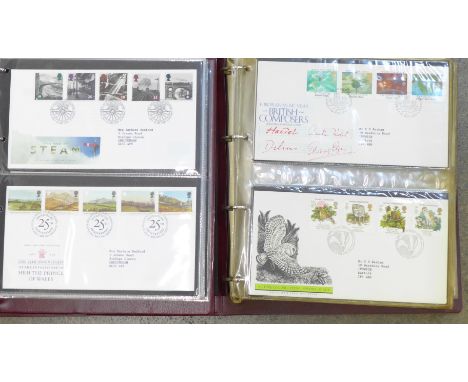 Stamps; GB first day covers in two Royal Mail albums, all typed addresses and special Post Office postmarks from the period 1