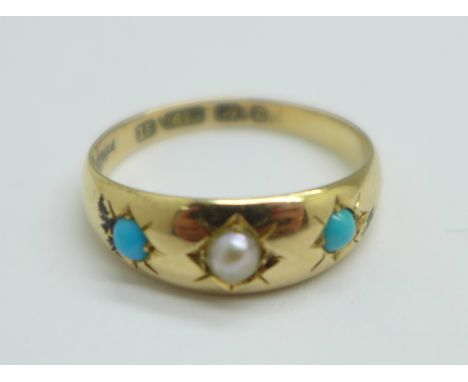 A 15ct gold, pearl and turquoise gypsy ring, Birmingham 1900, 3.6g, P 