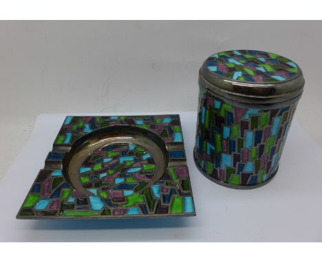 A silver and enamel ashtray and cigarette dispenser, marked on each base 'Silver 99%', 575g, boxed 