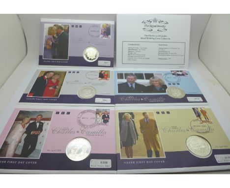 Five Silver First Day Coin Covers, proof quality limited edition, Charles &amp; Camilla 2005 