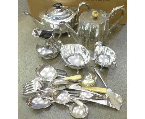 A silver plated three piece tea service, plated cutlery and other flatware 