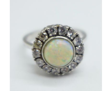 A 14ct white gold, opal and white stone cluster ring, 4.5g, M, diameter 12mm 