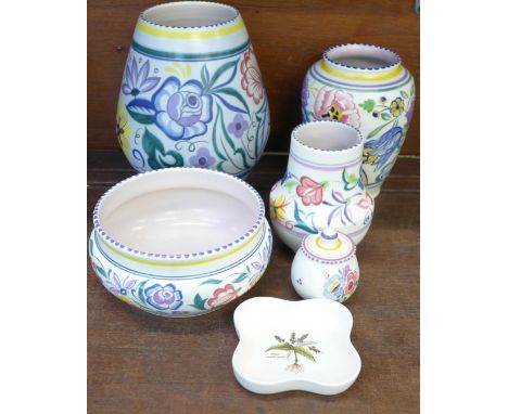 A large Poole vase, 21.5cm, and five other pieces including one marked Country Lane 