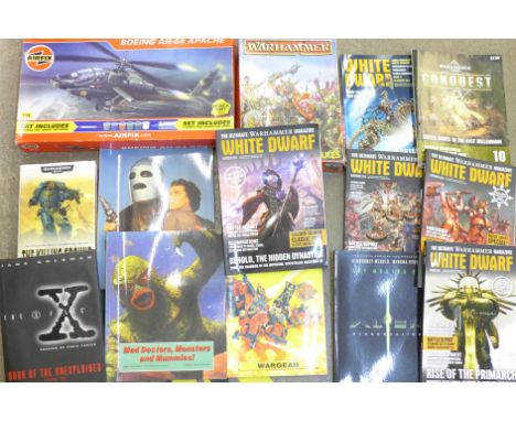 Vintage Warhammer books, magazines and games and an Airfix Boeing AH64 Apache 