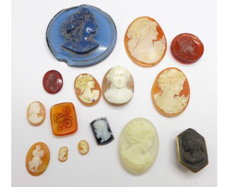 Twelve unmounted cameos including hardstone, a lava cameo mounted as a button stud and two loose intaglios, (large cameo a/f)