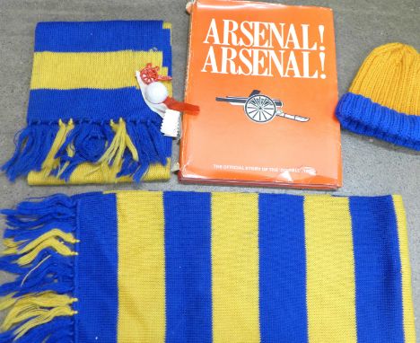 Arsenal, 1971 Double Winners book, a child's c.1970 away scarf and hat, and an adults scarf 