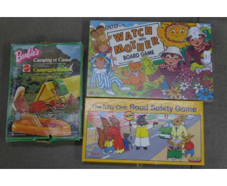 A Mattel Barbie's High Sierra Adventure set, a BBC watch with Mother Board Game, un-opened, and a The Tufty Club Road Safety 