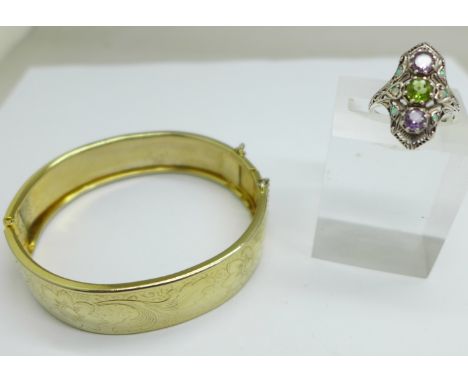 A 925 silver stone set ring, N, and a plated bangle 