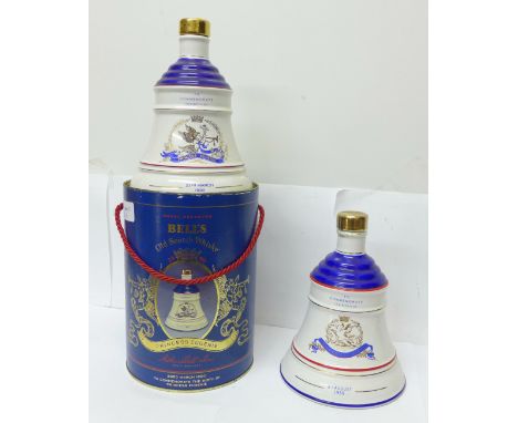 Two Wade Bells Old Scotch Whisky decanters, one lacking contents 