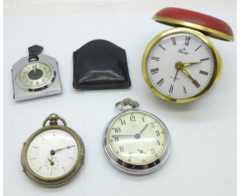 Pocket watches and a travel clock, one lacking glass 