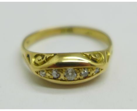 An 18ct gold, five stone diamond ring, 2.8g, O 