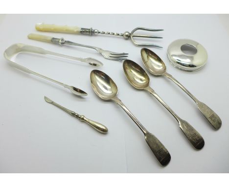 Three Georgian silver spoons, a pair of silver sugar bows, two silver plated forks with mother of pearl handles, a silver han