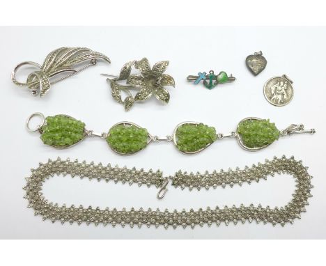 Silver and other jewellery including a silver and enamel Faith, Hope and Charity brooch, enamel a/f, one marcasite set brooch