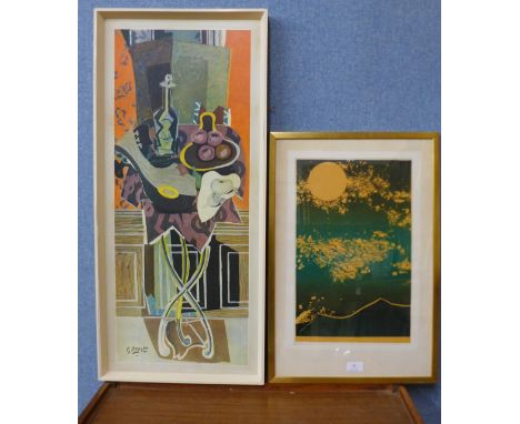 A Japanese woodblock print and two 1960's prints