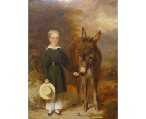 Attributed to John Duvall (1816-1892), portrait of a boy with donkey, oil on canvas, unsigned, 47 x 37cms, framed