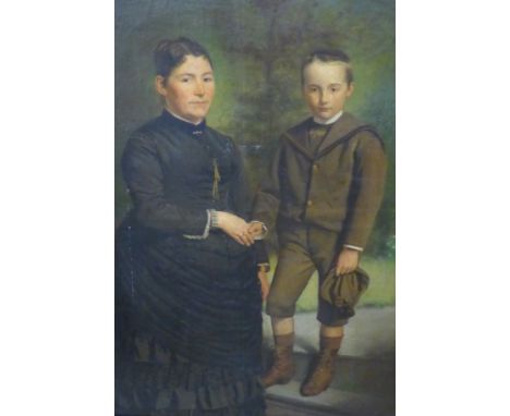 English School (19th Century), portrait of a widower and son, oil on canvas, indistinctly signed and dated 1887, 139 x 93cms,