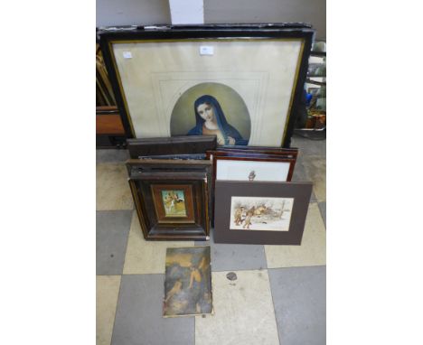 A pair of religious prints, set of four French fashion prints, etc.