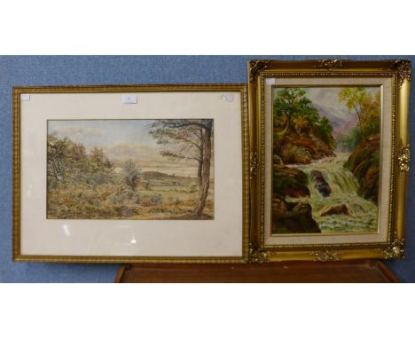 E.M.G., rural landscape, watercolour, a river landscape, oil on board, and a print