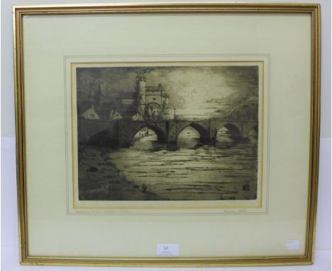 A signed Margaret Aulton limited edition etching, Evening on the Lot, The Chateau D' Eestaigne, 24 x 32cms, framed