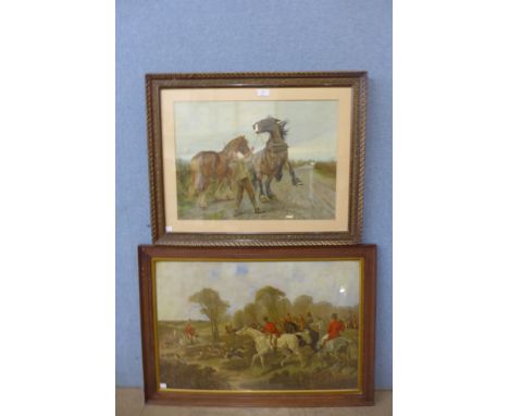 A gypsy horse print and a hunting scene print, framed