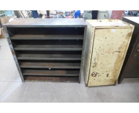 An industrial retail cabinet and an industrial six tier shelf unit