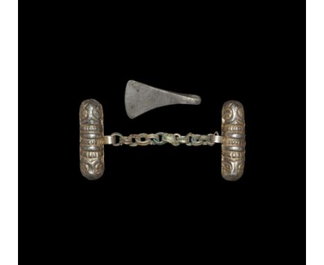 9th-12th century AD. A mixed group of silver Kievan Rus items comprising: a garment fastener comprising a short chain and two