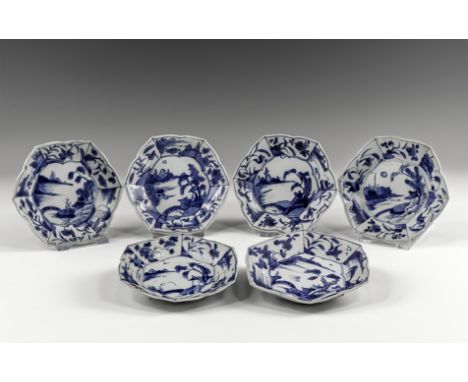 Kangxi Period, Late 17th century AD. A group of six blue and white glazed ceramic hexagonal saucers with floral decoration an