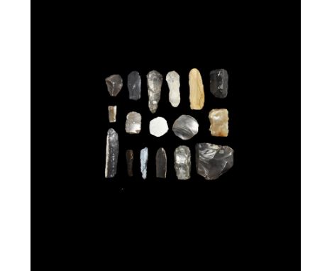Neolithic, 5th-3rd millennium BC. Group comprising: a bifacial knapped hollow base arrowhead (tip lacking); six end scrapers 