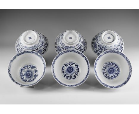 Kangxi Period, Late 17th century AD. A group of six blue and white glazed ceramic bowls with chrysanthemum decoration. From t