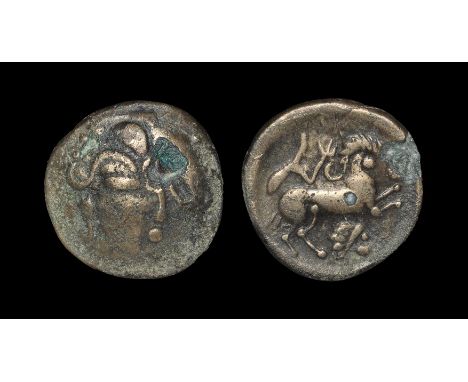70-56 BC. Obv: Armorican-style male head right. Rev: human-headed horse right with charioteer above, human head below. The Br