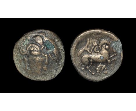 70-56 BC. Obv: Armorican-style male head right. Rev: human-headed horse right with charioteer above, human head below. The Br