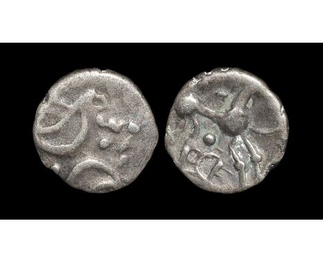 10-43 AD. Obv: double crescents with two pellets between and over lozenge. Rev: horse right with symbols above and pellet and