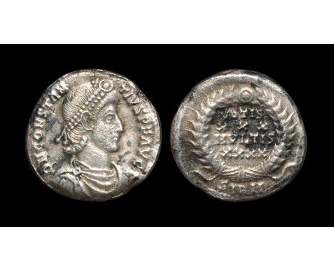 351-355 AD. Sirmium mint. Obv: DN CONSTAN-TIVS PF AVG legend with pearl-diademed, draped, cuirassed bust right. Rev: VOTIS XX