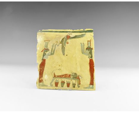 Late Period, 664-332 BC. A rectangular cartonnage panel depicting a mourning scene with a mummy of Osiris in the centre with 