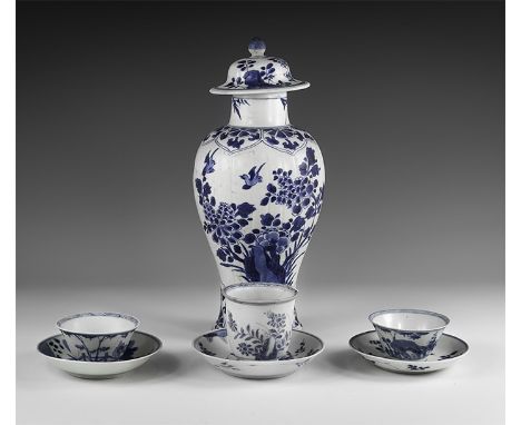 Kangxi Period, Late 17th century AD. A mixed group of blue and white glazed ceramic items comprising: a meiping vase and lid;