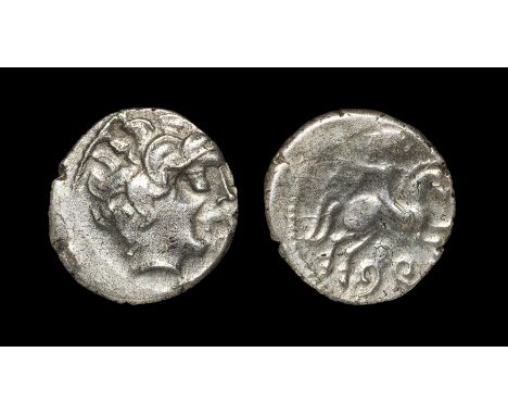 120-100 BC. Obv: Aquitanic head right with leaf-like hair. Rev: horseman right with oval shield, scrolled flower below. The B