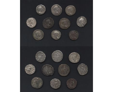 2nd-3rd century AD. Group comprising: Diva Faustina I, with Vesta, seated left, holding patera and sceptre; Trajan, with Nike