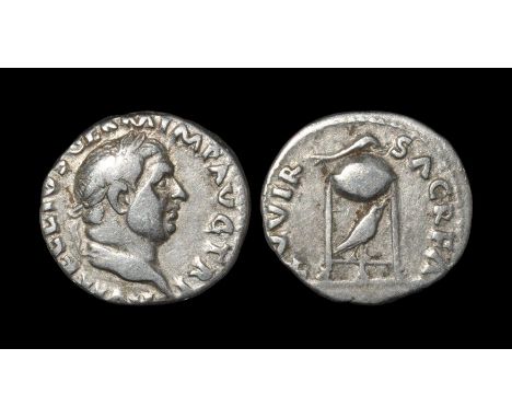 69 AD. Rome mint. Obv: A VITELLIVS GERM IMP AVG TR P legend with laureate head right. Rev: XV VIR SACR FAC legend with tripod