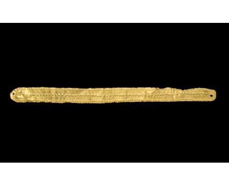 3rd millennium BC. A sheet gold parallel-sided band with hole to each end, three rows of repoussé pellets. Property of a cent