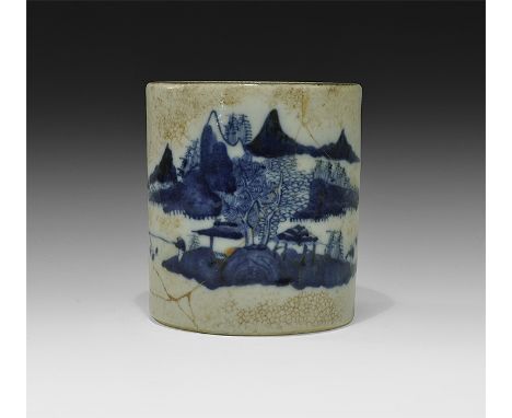 Qing dynasty, 19th century AD. A white-glazed ceramic bitong with black in-turned rim, blue landscape scene with trees, mount
