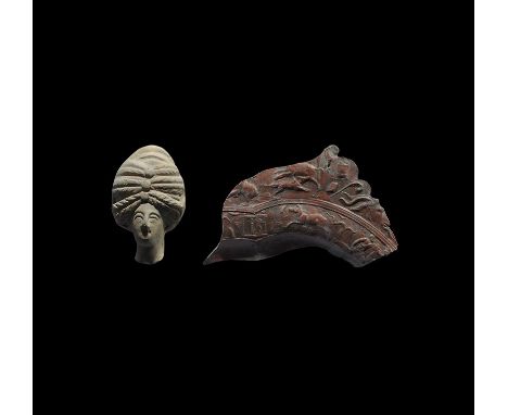 1st-2nd century AD. A mixed pair of ceramic items comprising: a fragment of a shallow bowl with high-relief mouldings depicti