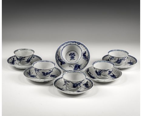 Kangxi Period, Late 17th century AD. A group of six blue and white glazed ceramic bowls with running cockerel motifs to the o