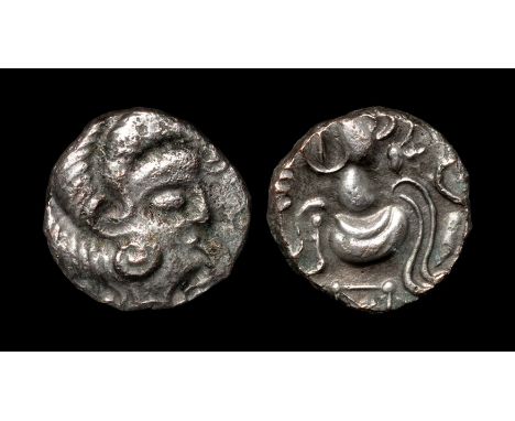 40-10 BC. Obv: Armorican-style head right with three large hair-locks, slit eye and scroll issuing from mouth. Rev: fantastic