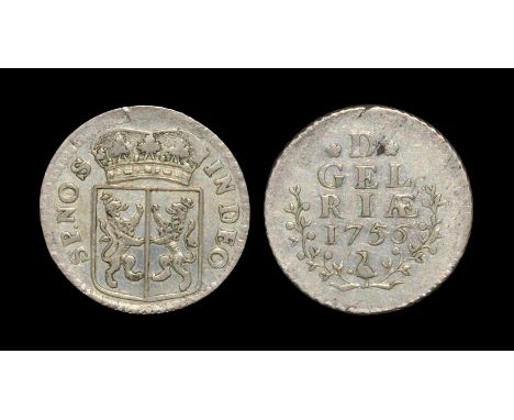 Dated 1756 AD. Obv: crowned arms with IN DEO SP NOS legend. Rev: with D / GEL / RIÆ in three lines over date, within wreath; 