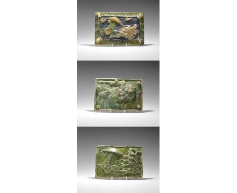 Ming Dynasty, 1368-1644 AD. A group of three rectangular green-glazed temple tiles comprising: a border of lozenge rosettes w