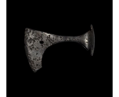9th-11th century AD. An iron axehead with triangular-section blade, narrow neck widening to a broad bevelled edge with square