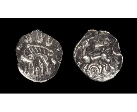 50-30 BC. Obv: boar left with upturned snout, with four lyres above. Rev: stag left, looking back over shoulder, 'wing' motif