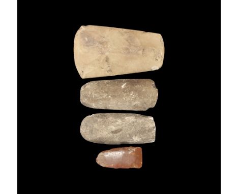 Neolithic, 3rd-2nd millenium BC. Group comprising: a small knapped and almost fully polished small axehead in cream stone; a 